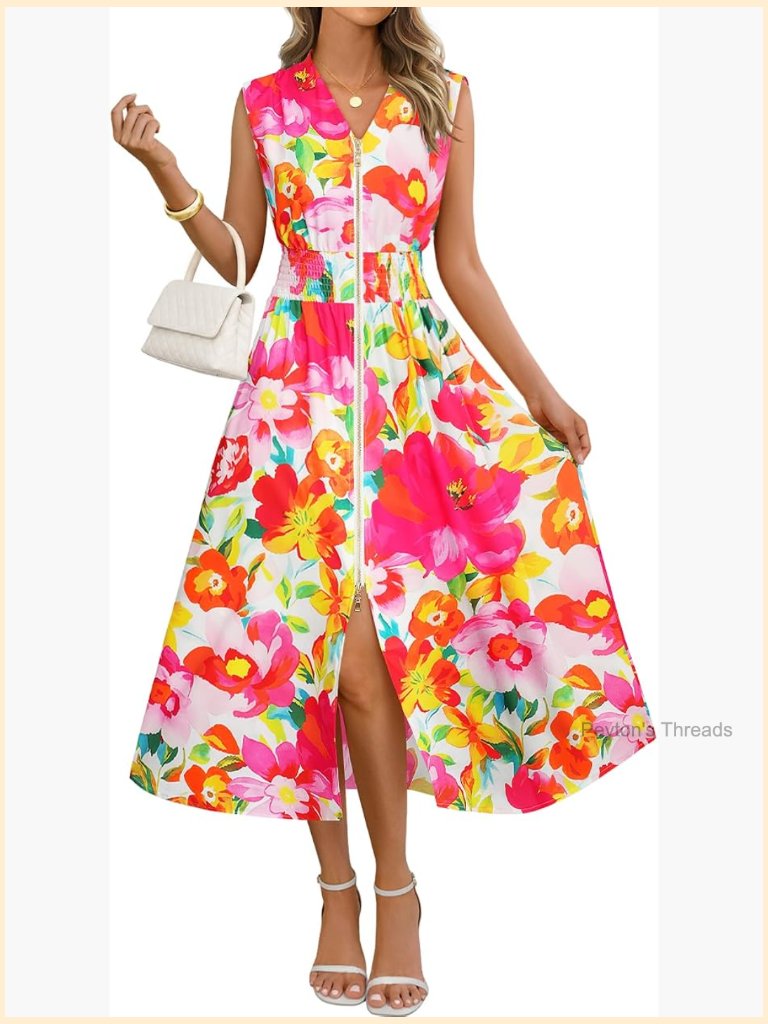 Sleeveless Floral Maxi Dress With Pockets Boho Summer Beach V Neck Zipper